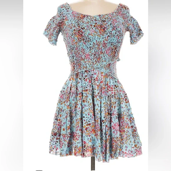 Poupette St Barth Soledad Mini Dress Medium Sky Blue Murrina Smocked - Picture 3 of 11